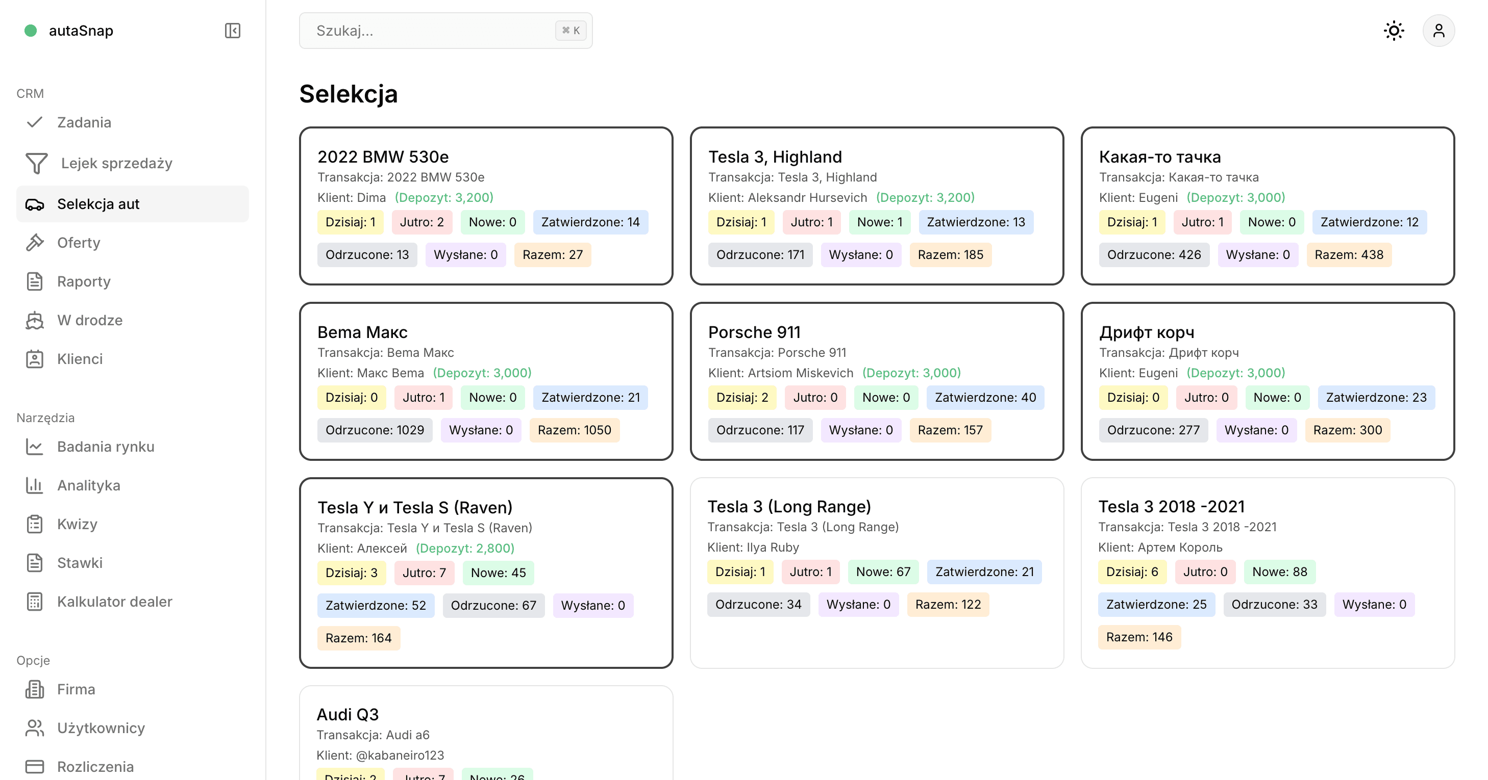 Importfy CRM — selekcje aut